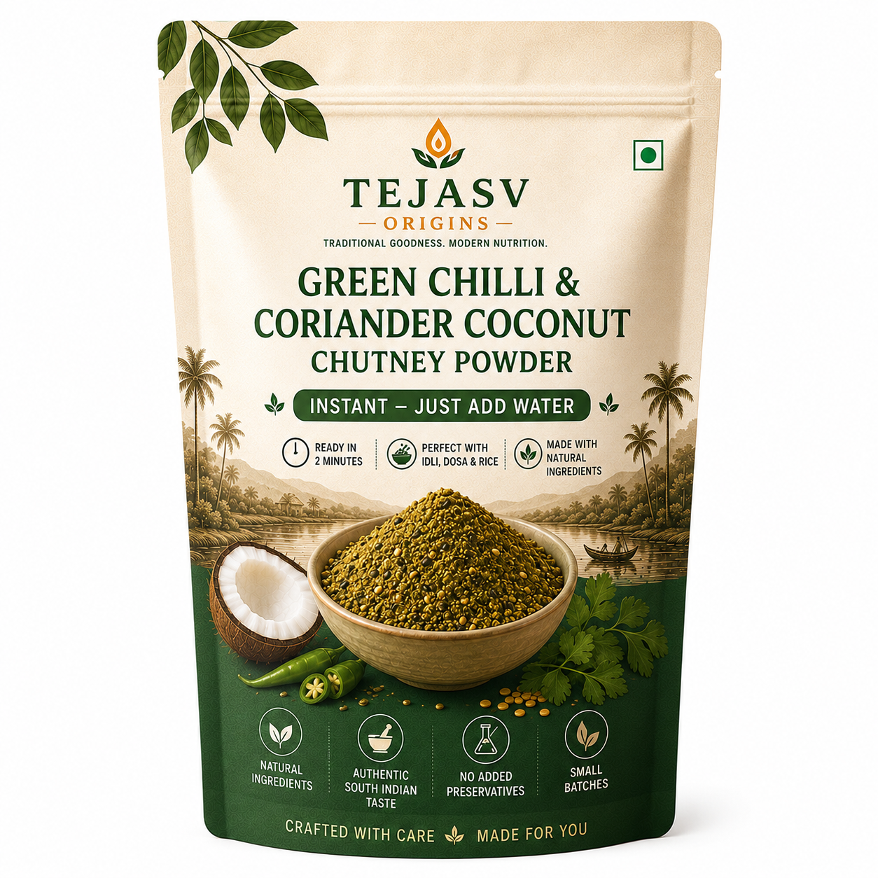 Green Chilli & Coriander Coconut Chutney Powder - Fresh South Indian Recipe