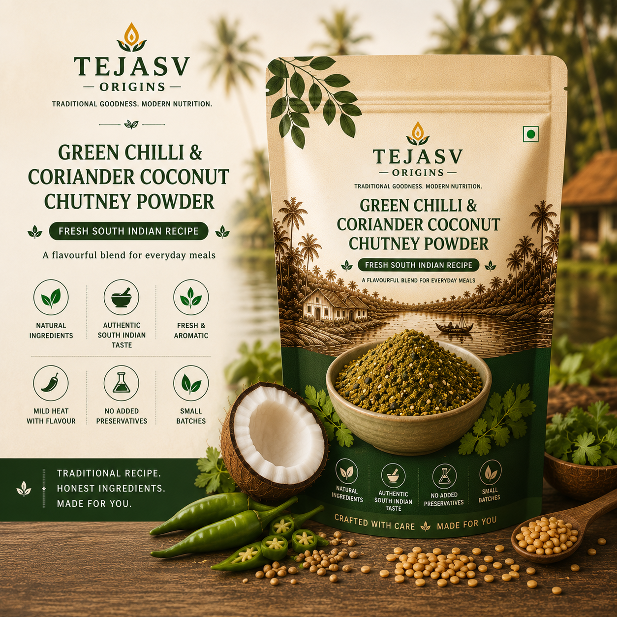 Green Chilli & Coriander Coconut Chutney Powder - Fresh South Indian Recipe