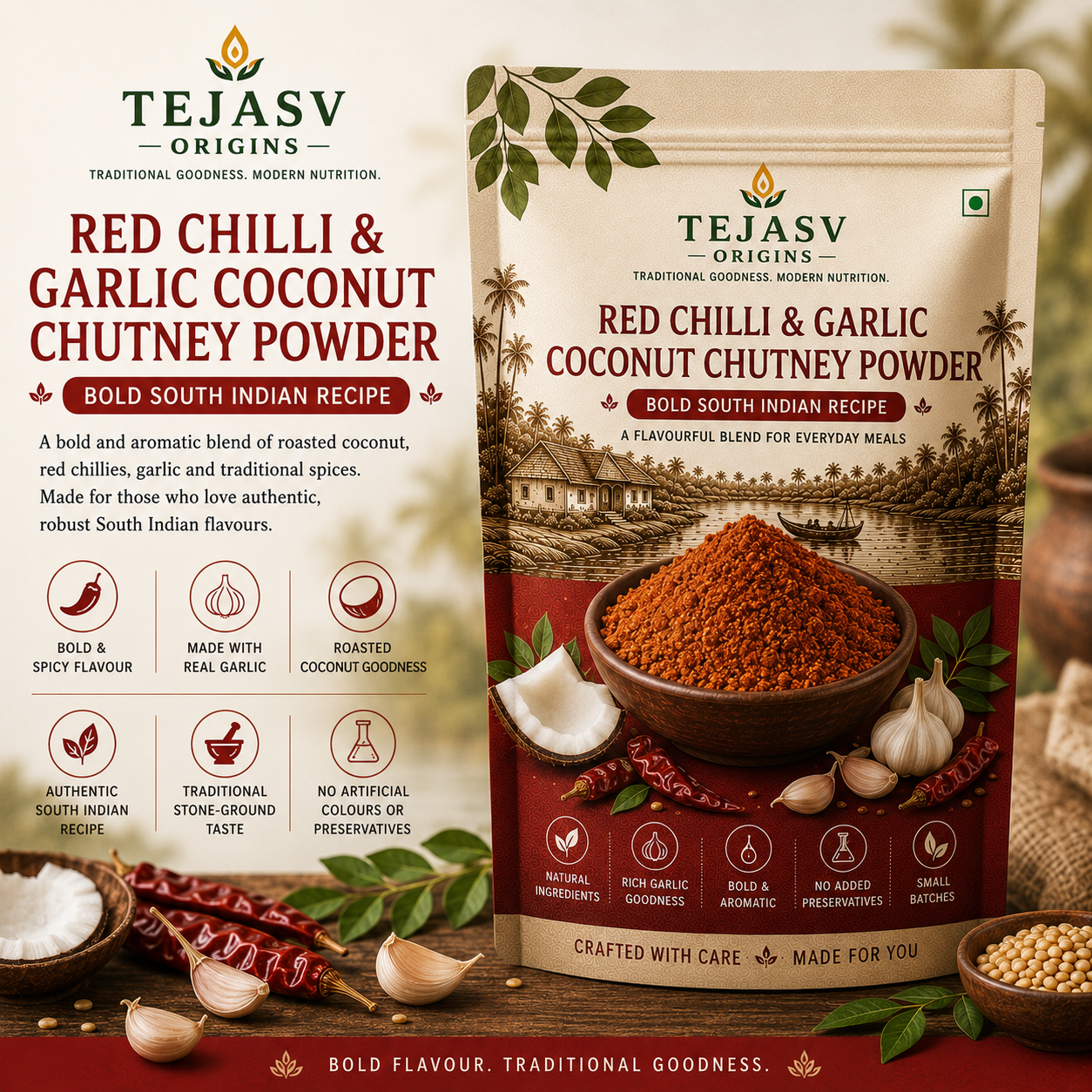 Red Chilli & Garlic Coconut Chutney Powder - Bold South Indian Recipe